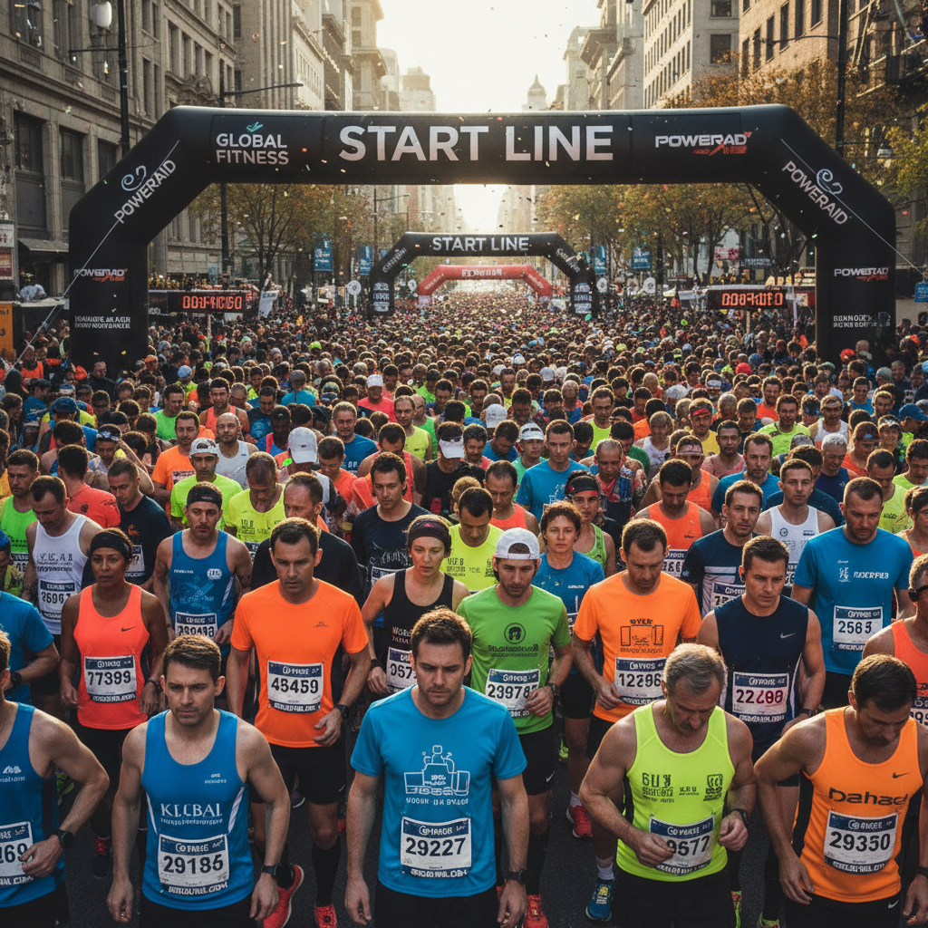 Dense crowd of marathon runners at the starting line, bibs pinned, focused expressions