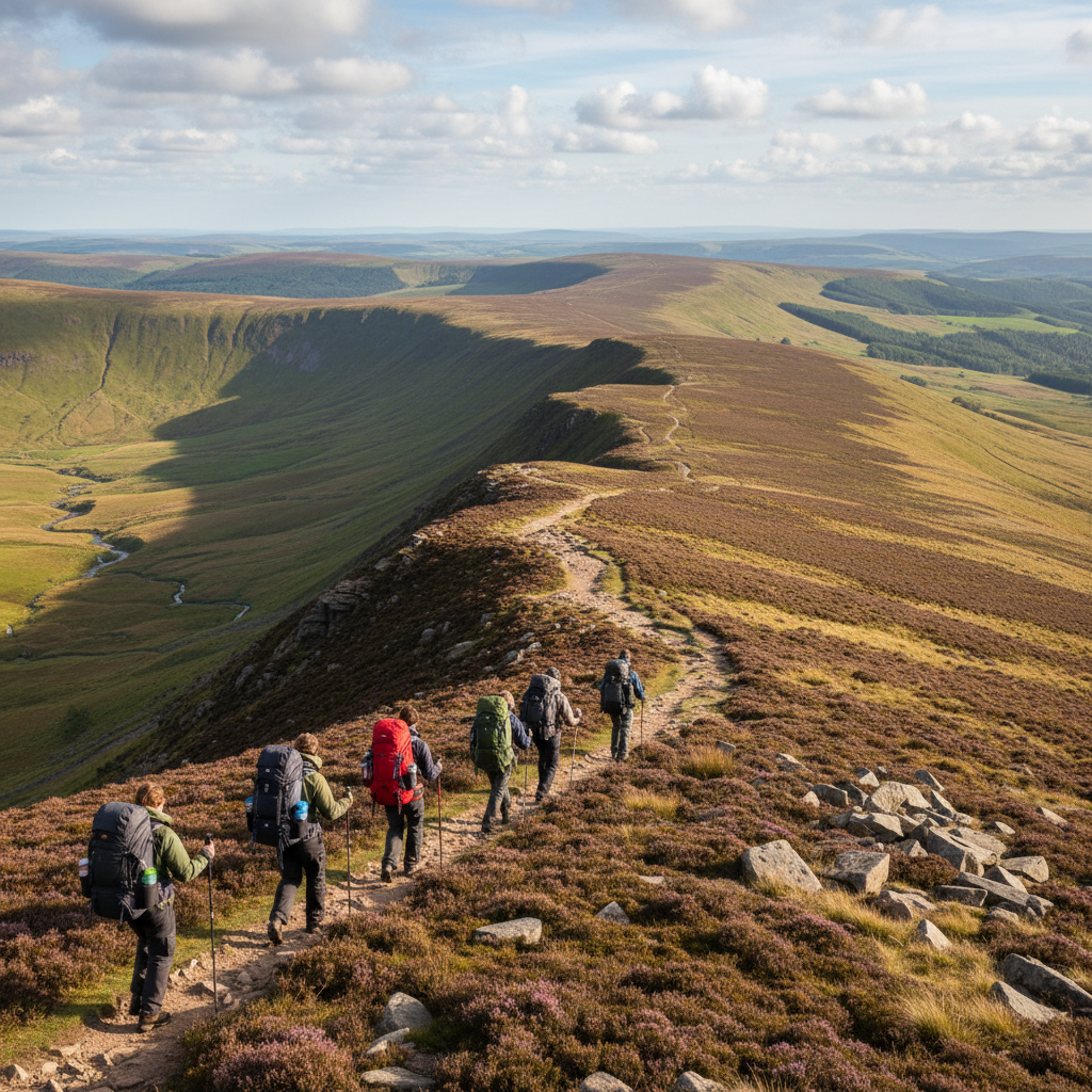 Hikers on Edale Moor ridge trail with rolling Peak District hills in background