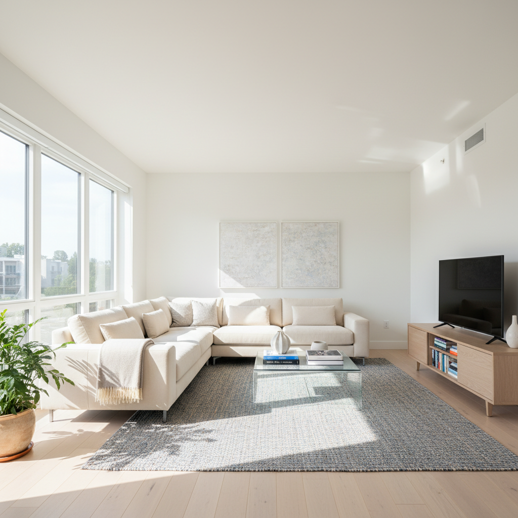 Bright clean living room with freshly vacuumed carpet, dusted surfaces, and neatly arranged furniture in warm natural light