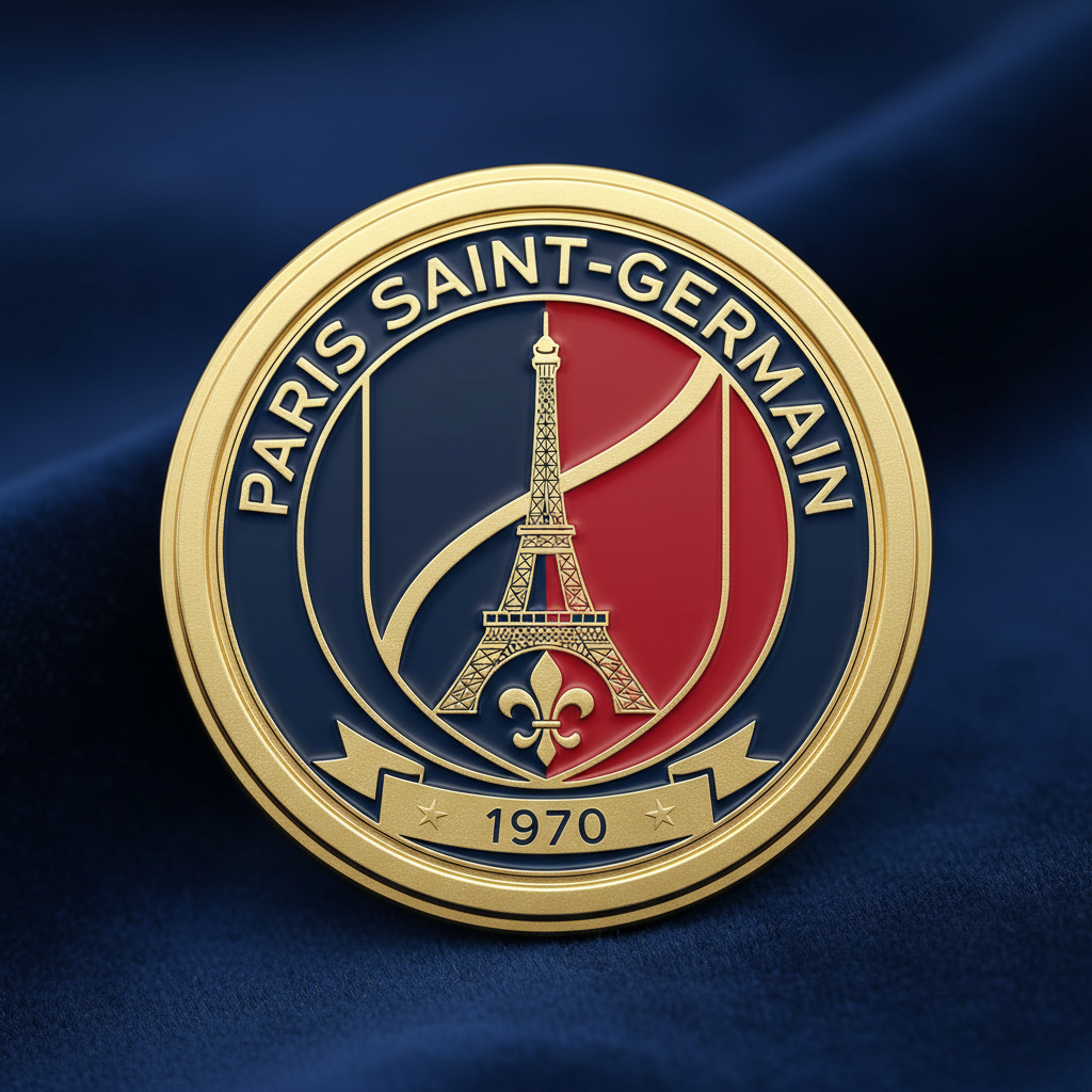 Dark blue PSG jersey with gold accents on moody Parisian-style background
