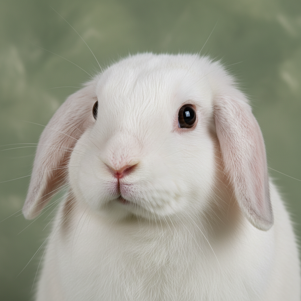 A pristine white Holland Lop rabbit photographed against a hand-painted sage backdrop with professional studio lighting, showing perfect ear set and coat quality