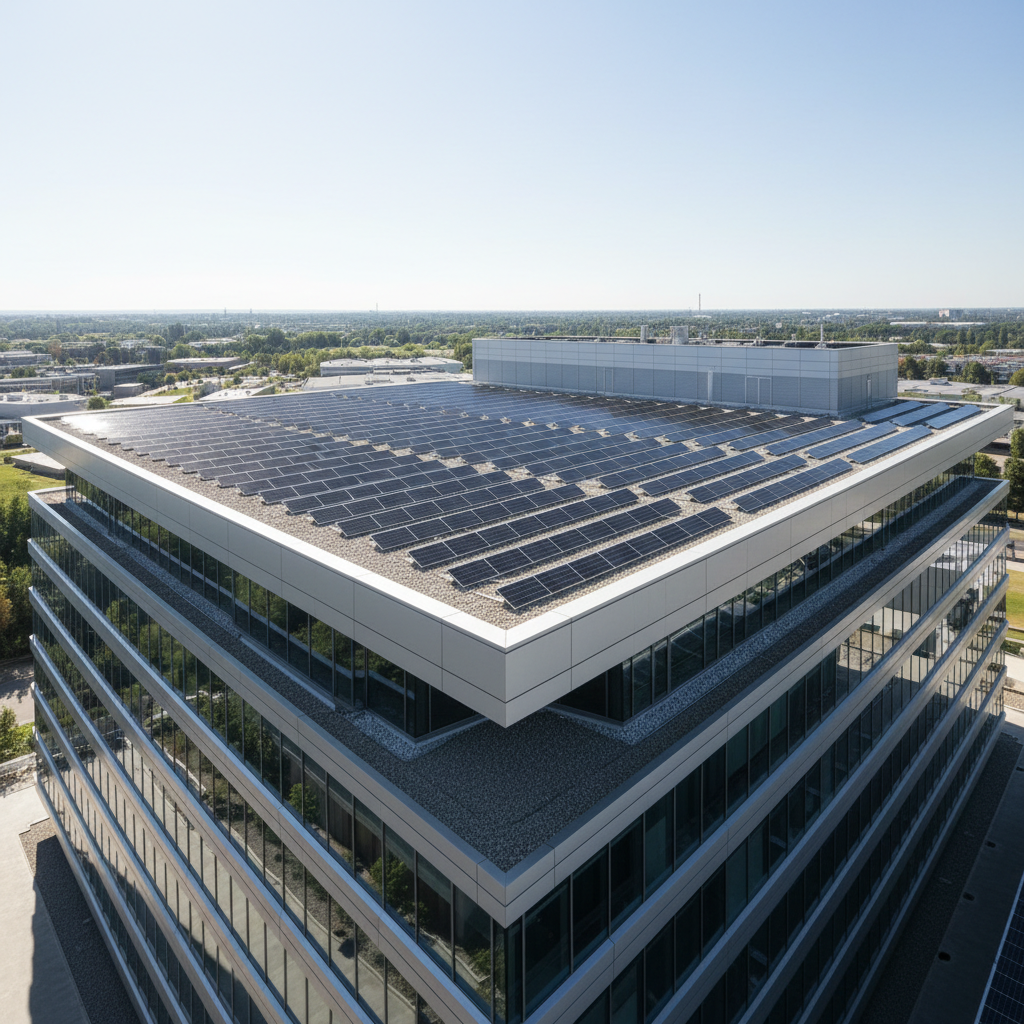 Commercial flat roof installation — wide aerial view of a flat commercial building rooftop in Chicago, bright overcast sky