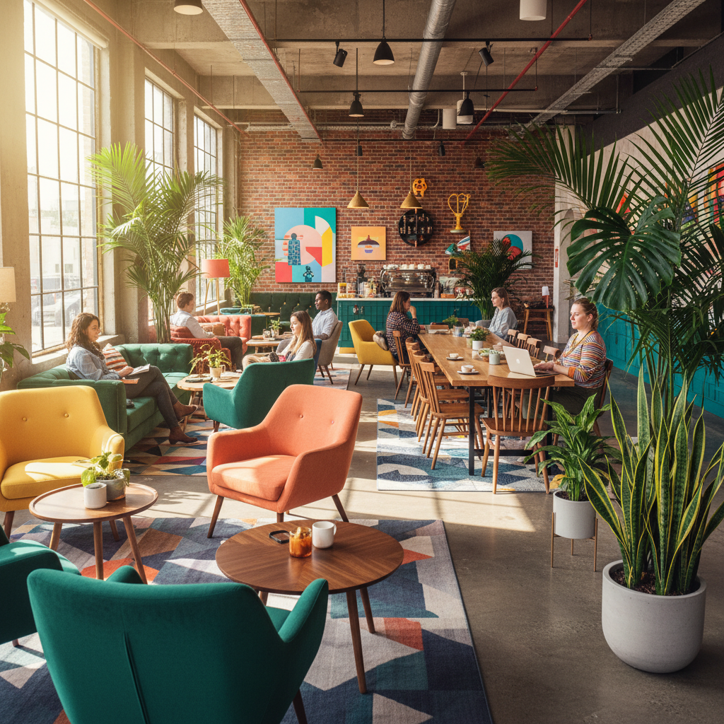 Vibrant African coworking hub with colorful design elements, natural wood, and abundant tropical greenery
