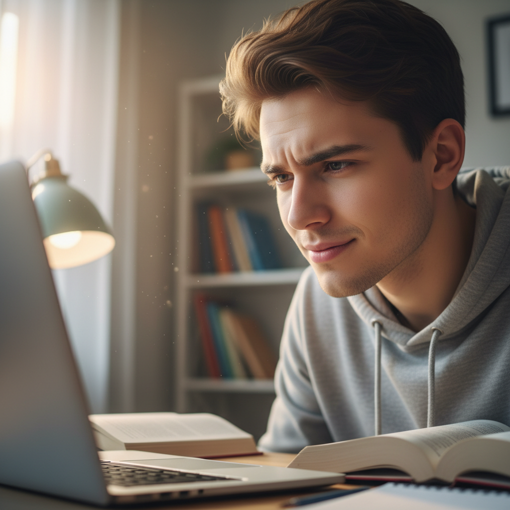 Person taking notes during an online video lesson, warm home office, engaged and focused expression