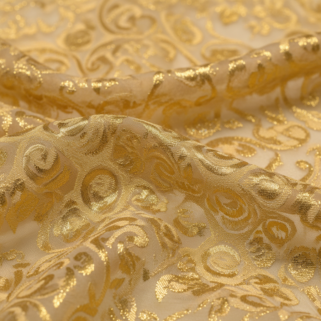 Shiny smooth silk fabric with rich texture and golden sheen, luxury textile