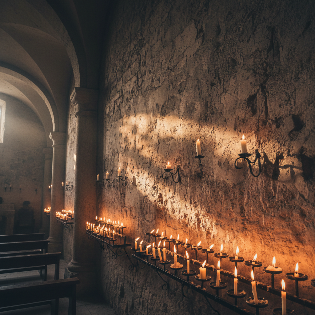 Candlelight reflected on raw limestone plaster wall of the chapel