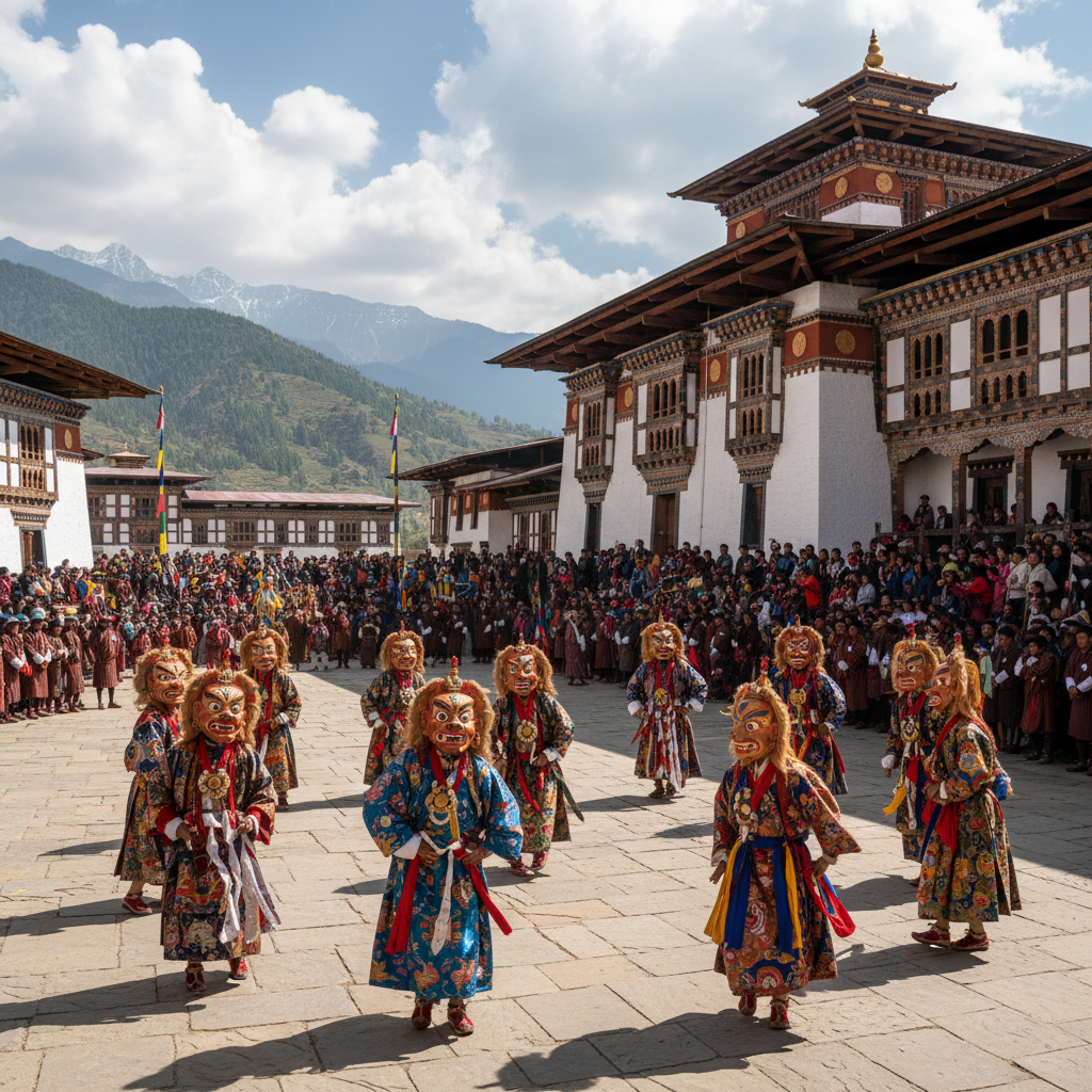 Masked dance festival at a dzong in Bhutan