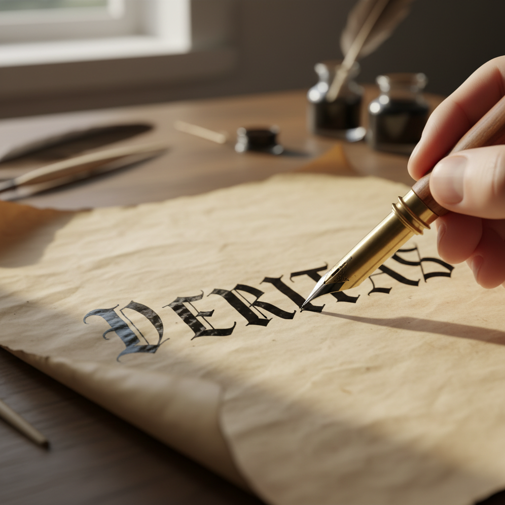 Gothic blackletter text on aged parchment, dark stone background, medieval dramatic atmosphere