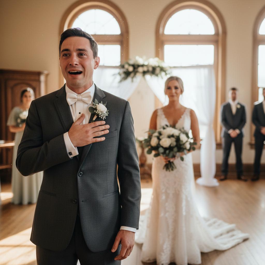 Groom seeing bride for the first time at first look, raw emotion