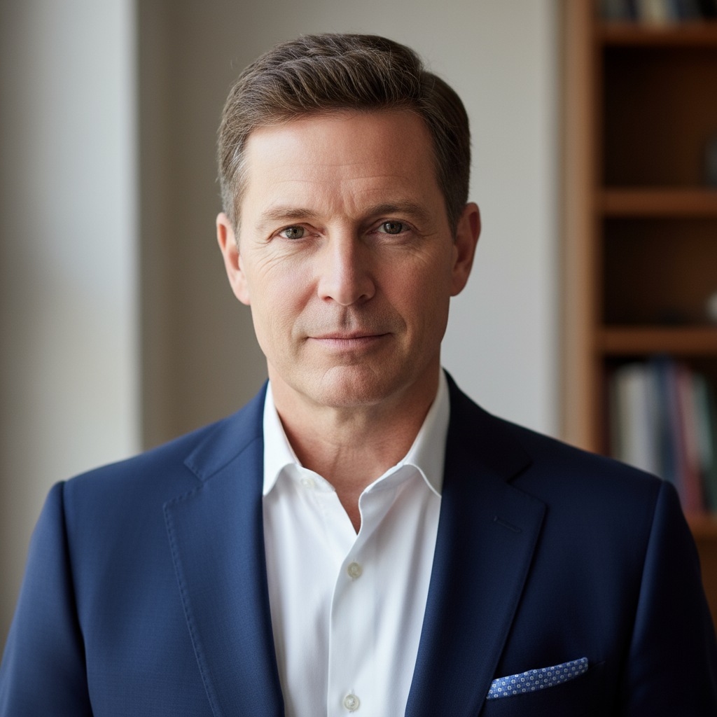 Professional portrait of Robert Kim, VP Operations with short black hair in navy suit with determined look