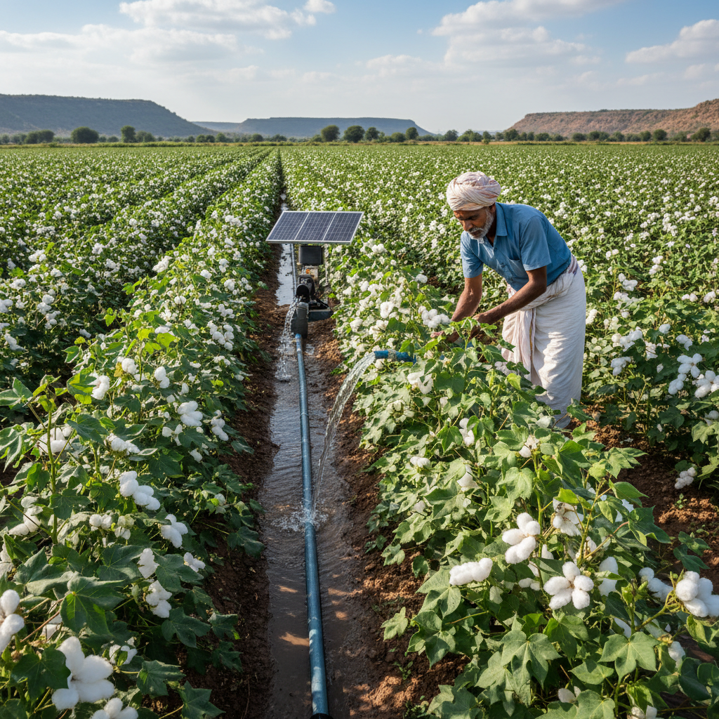Agricultural field with irrigation channels and sprinkler system in operation, bright sunlight, green crops, Indian rural landscape