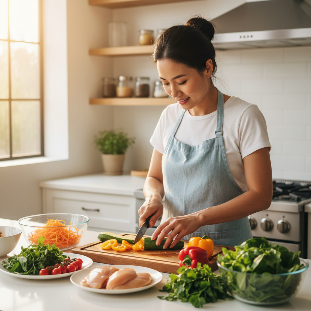 Smiling woman with dark hair in kitchen apron holding fresh vegetables
