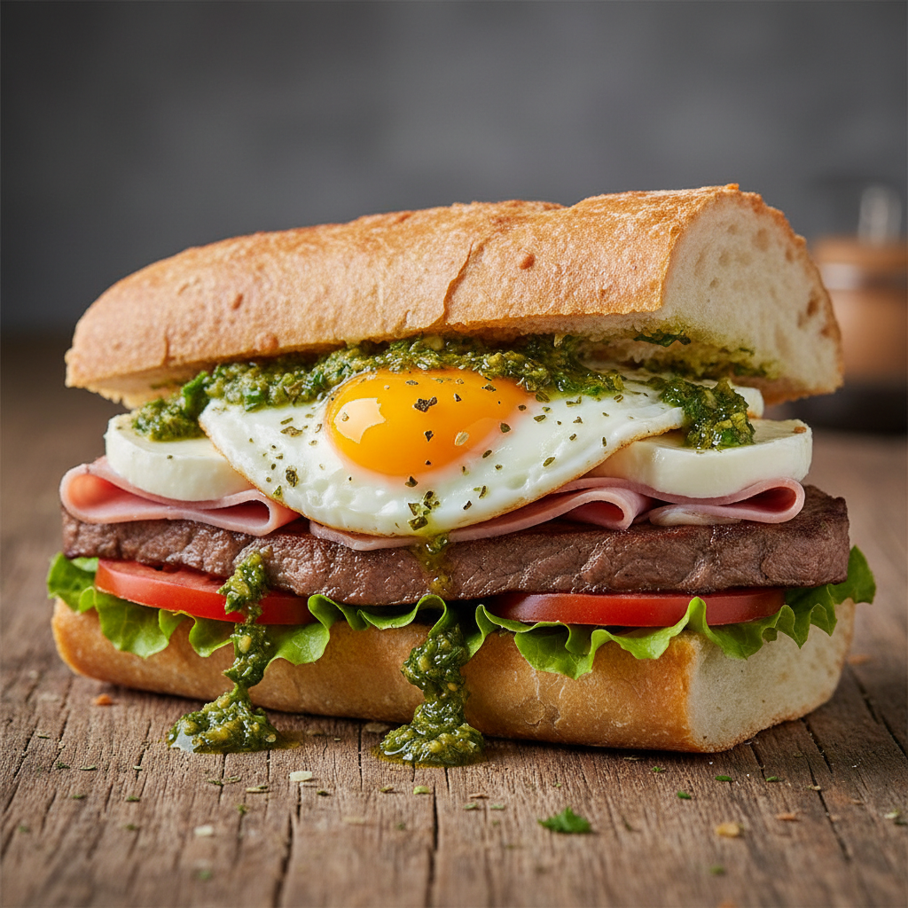 Chivito completo with lomito, jamón, mozzarella, egg, tomato, lettuce and chimichurri on pan flauta