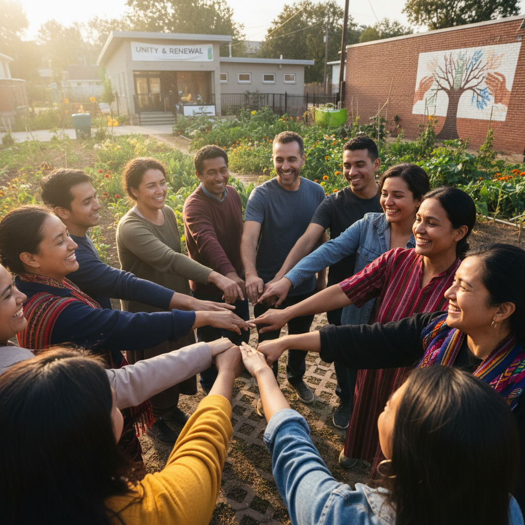 Diverse group of people joining hands in a circle outdoors, natural daylight, open space