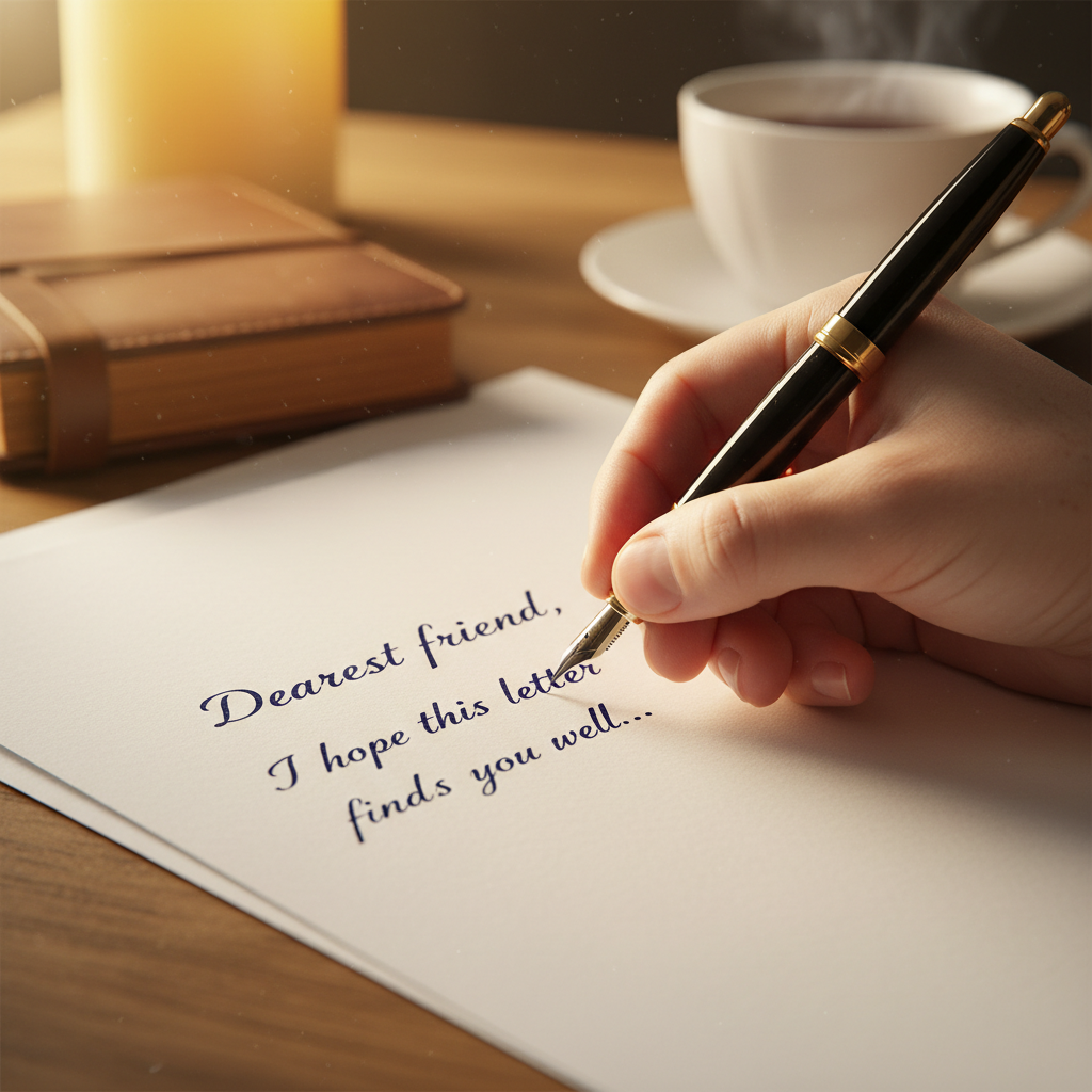 Handwritten letter on aged parchment paper beside ink pen, dim warm lamp light, quiet personal atmosphere, deep shadows
