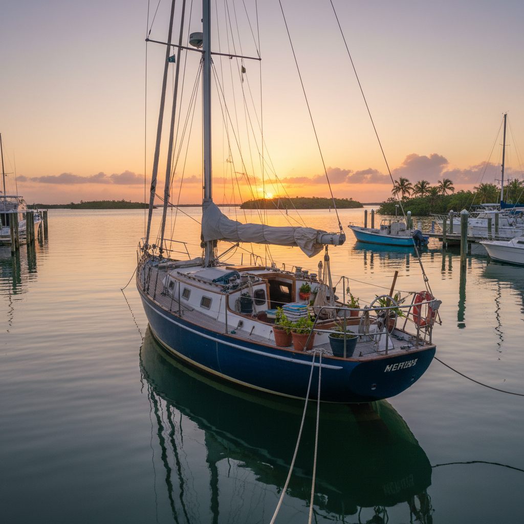 Liveaboard sailboat moored at marina in the Florida Keys at sunset