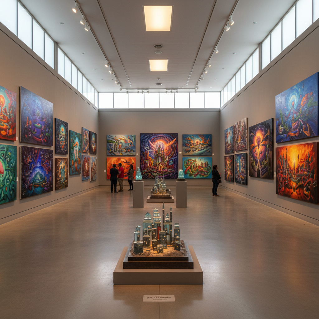 Vista de sala con obras de la serie Mundos Paralelos en Zapopan Arte