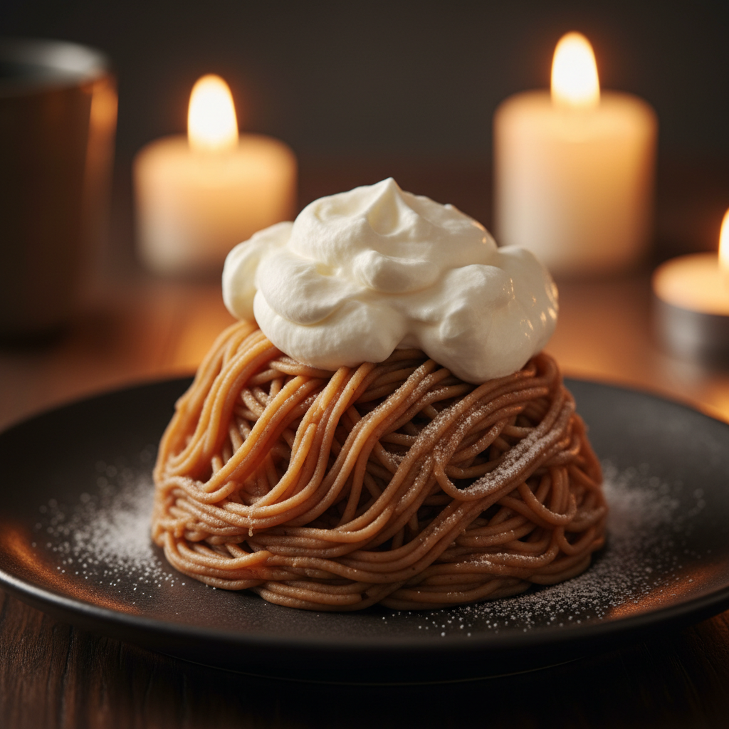 Mont Blanc dessert with chestnut vermicelli and cream cloud on dark plate, winter candlelight