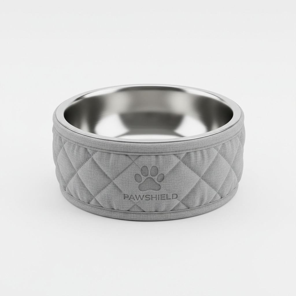 Shiny stainless steel pet food bowl on white background, clean and durable