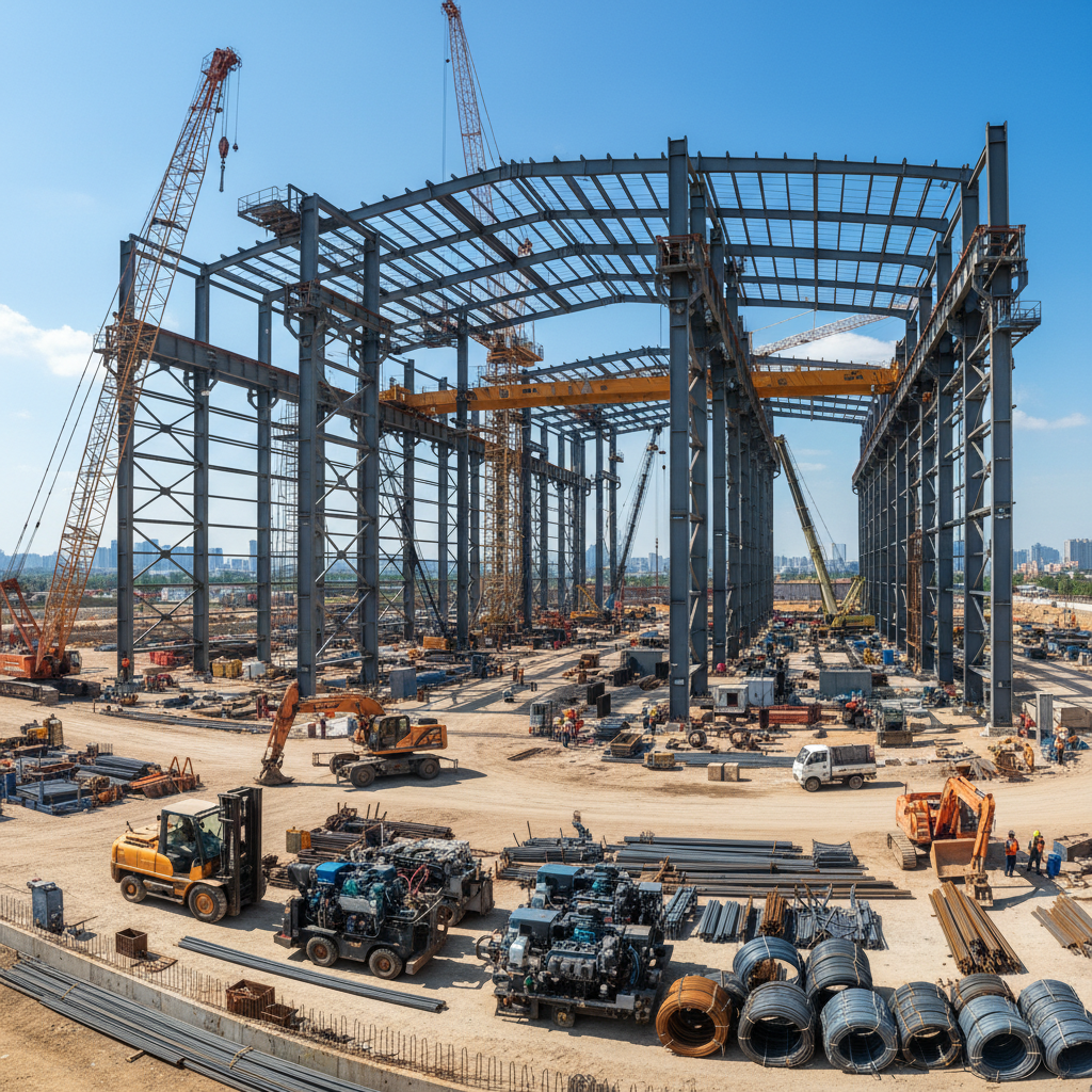 Large industrial warehouse facility under construction, steel frame structure, workers in safety vests