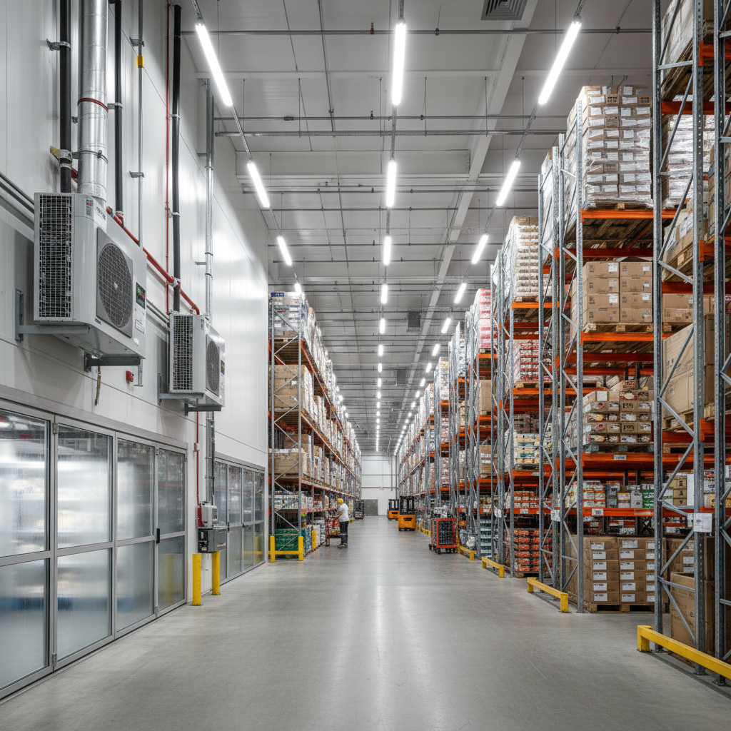 Large food distribution warehouse with organized product storage and logistics operations