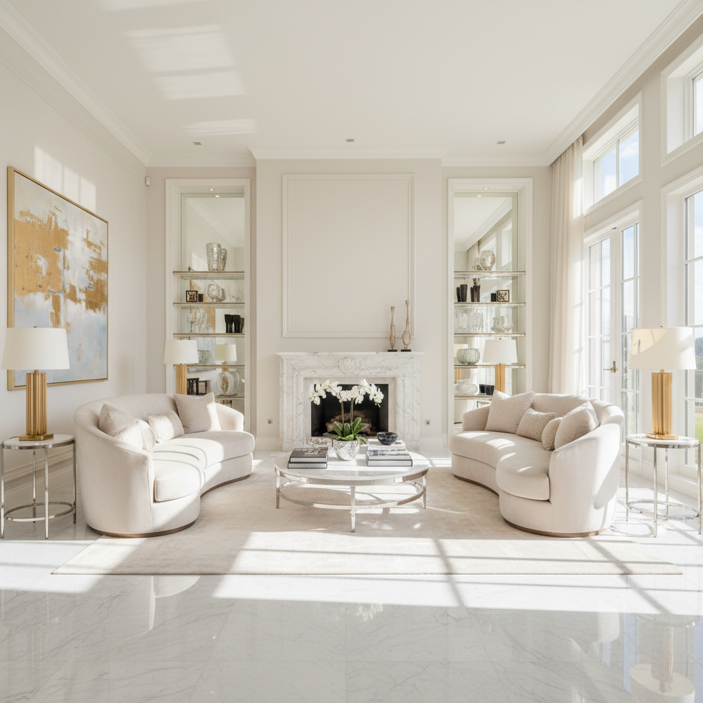 Bright clean living room with white furniture and sunlight in a Jeddah villa