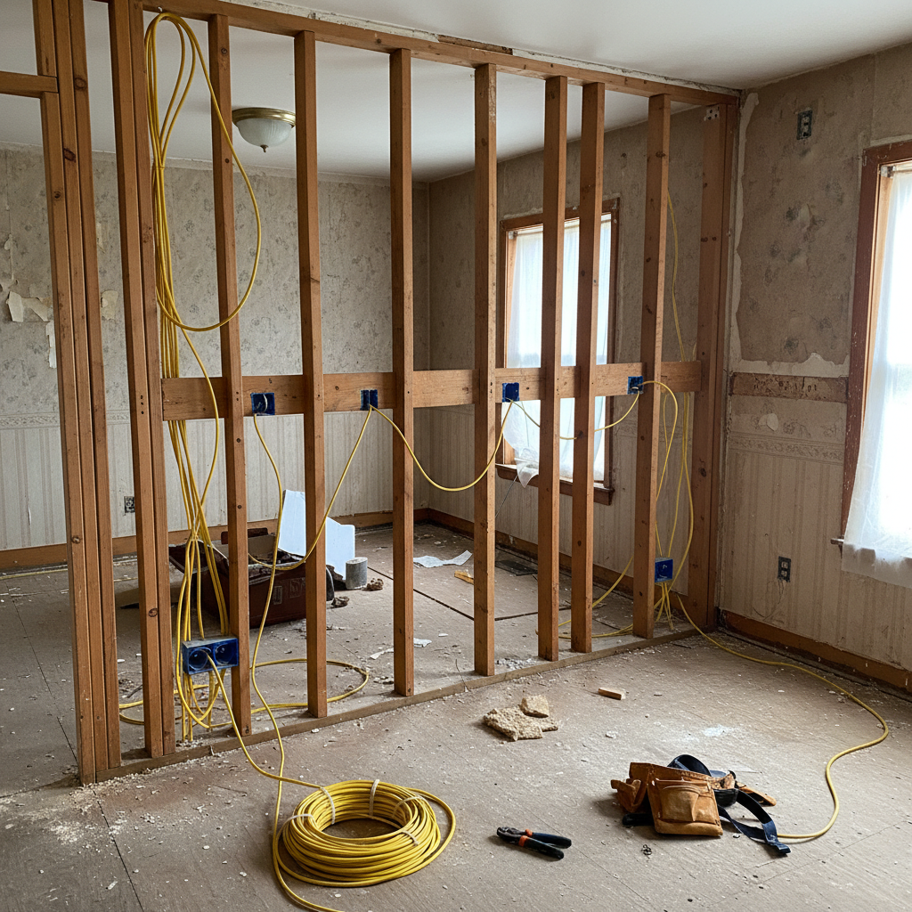 Gutted kitchen wall showing open studs with Romex wiring rough-in in progress
