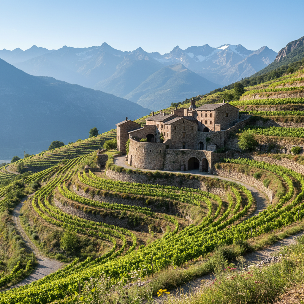 Stone vineyard estate on a mountain slope with terraced vines and distant Pyrenean ridgelines