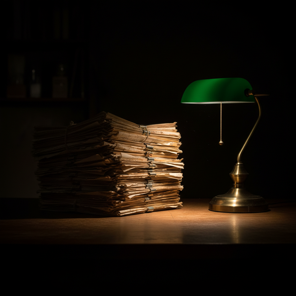 Aged case files stacked on a desk with a single lamp casting a hard circle of light, everything beyond dissolving into black