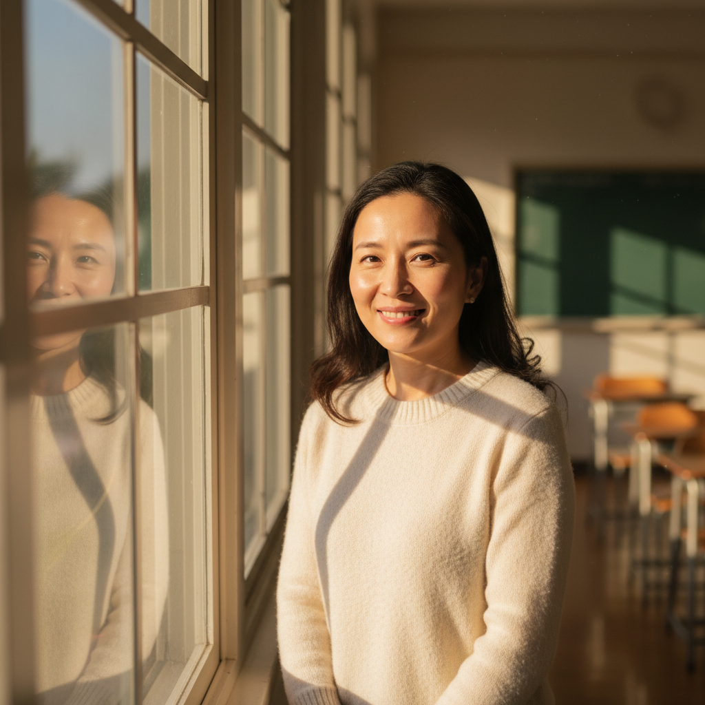 Asian woman in her thirties, gentle smile, standing near a school window with warm afternoon light