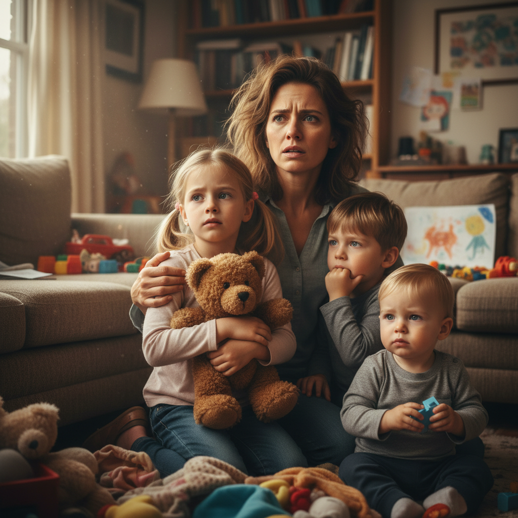 Mother with three young children at home, looking worried