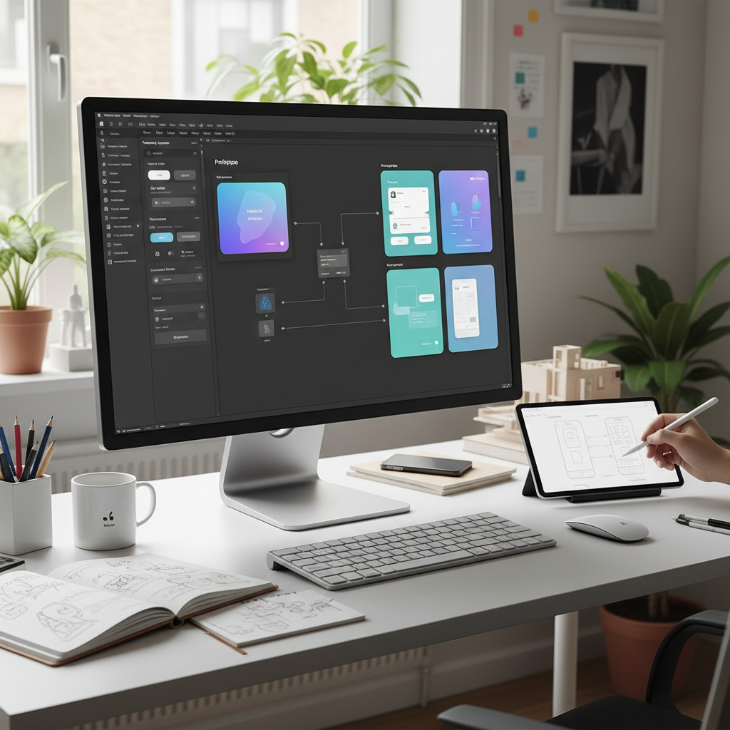 UX designer working on wireframes and Figma prototypes on tablet and laptop