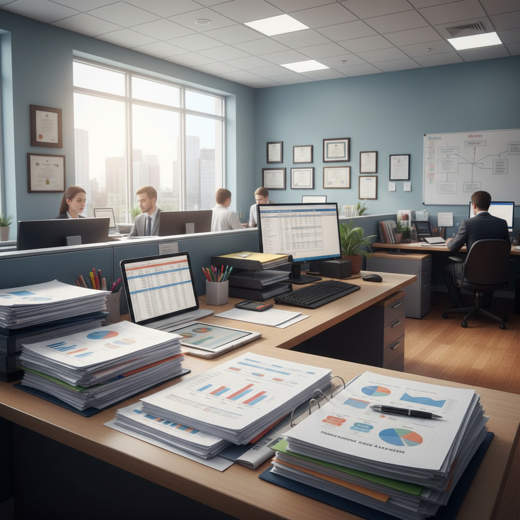 HR manager reviewing employee benefits in a bright modern office, well-lit, open environment, light walls