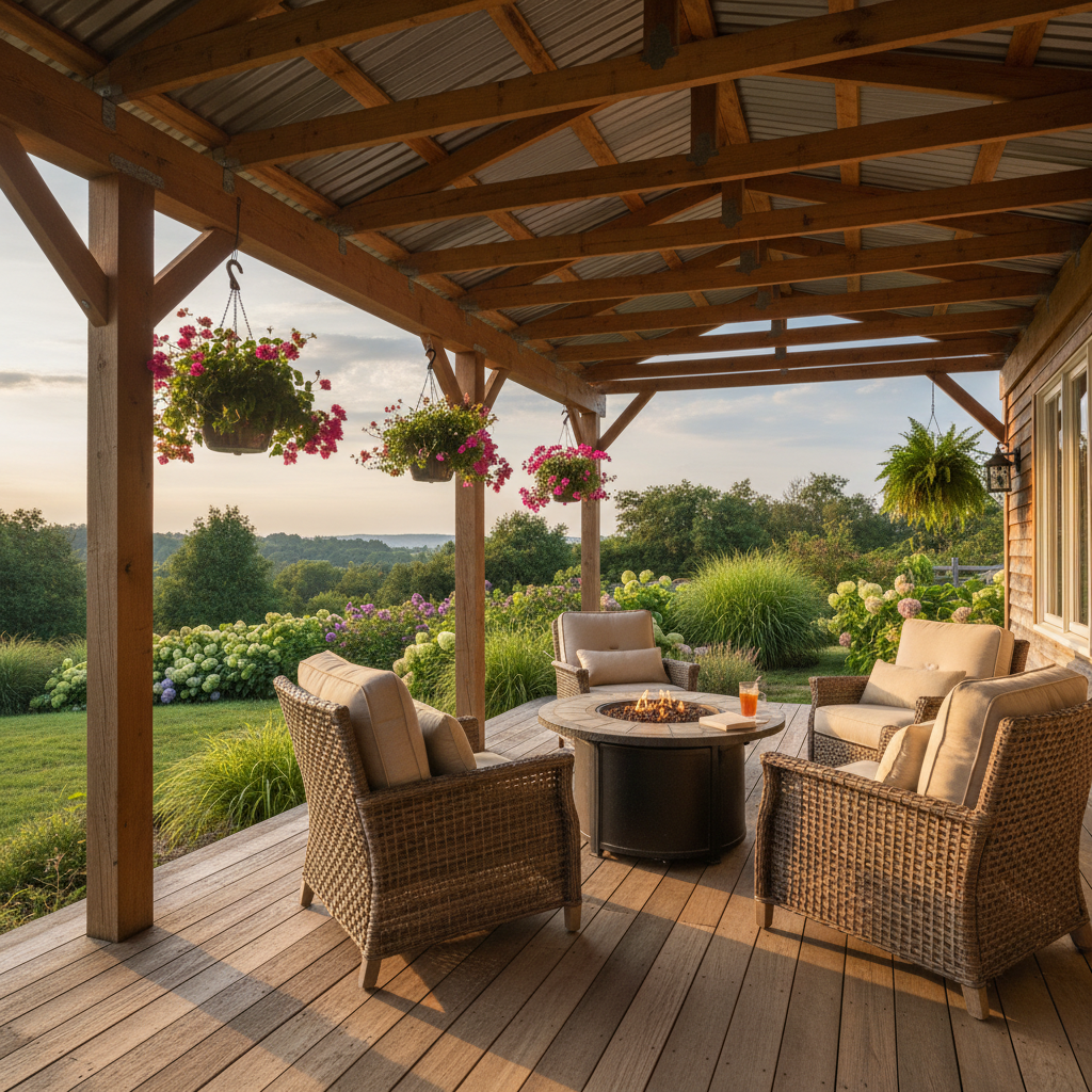Beautiful patio cover over a deck in Central Alberta, warm summer afternoon with comfortable outdoor furniture