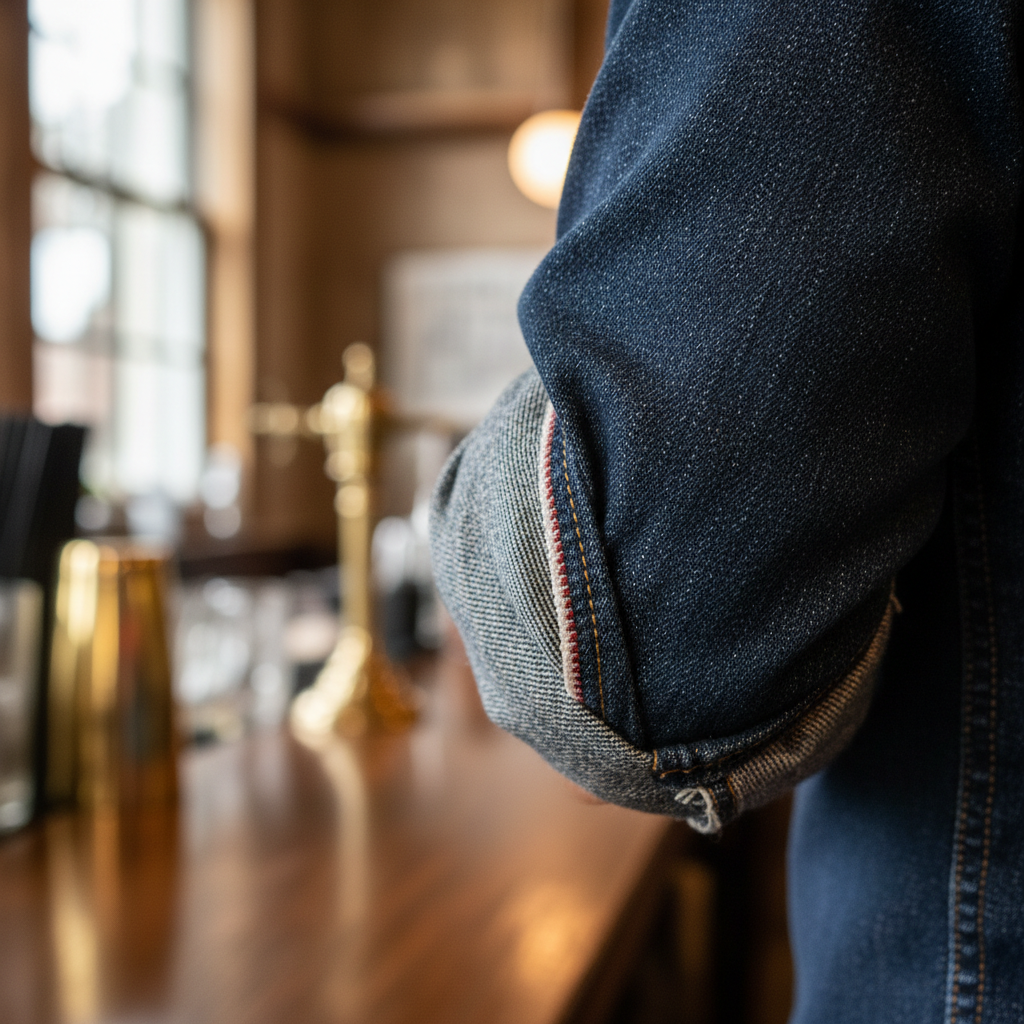 Close-up of a rolled sleeve showing raw selvedge denim fabric texture on a bartender uniform