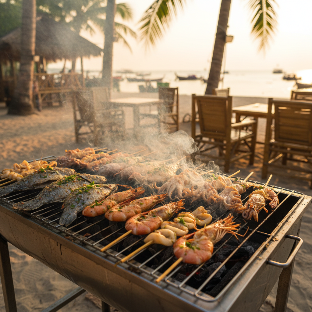 Grilled fresh seafood on outdoor BBQ grill at Thai beachside restaurant at sunset