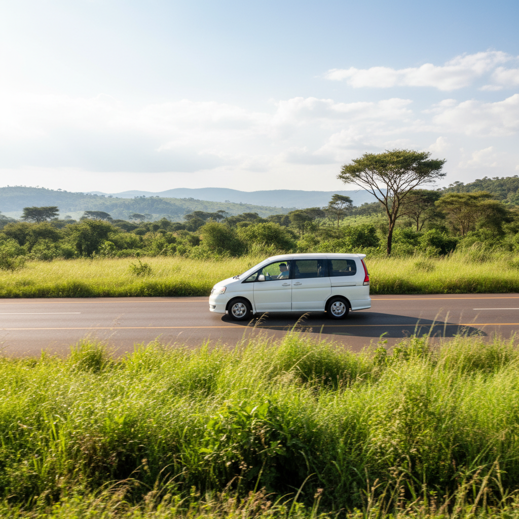 Silver Toyota Prado SUV on a Kenyan highway with acacia trees in background, blue sky
