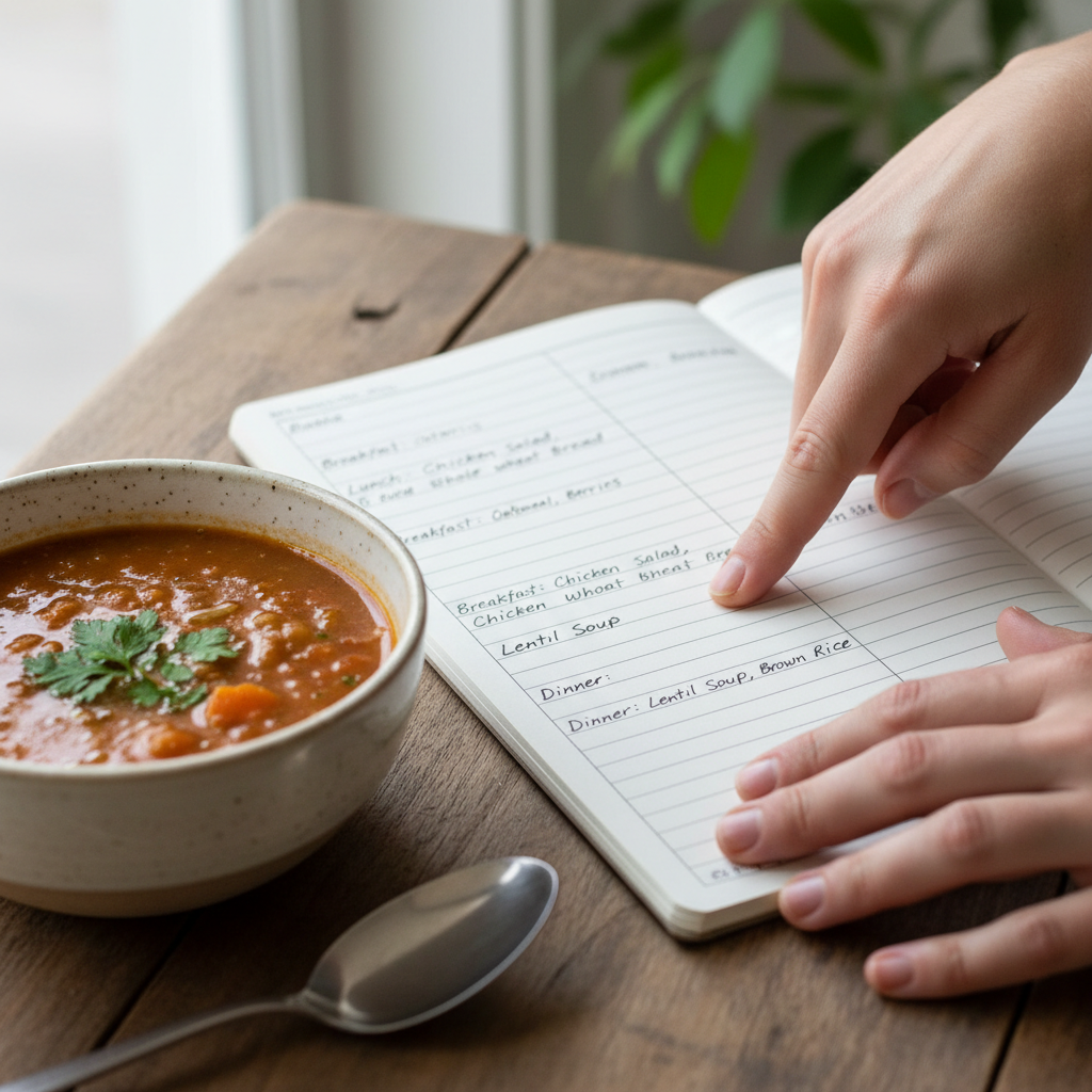 Dietitian's hands pointing at a handwritten food journal beside a bowl of lentil soup during a nutrition consultation