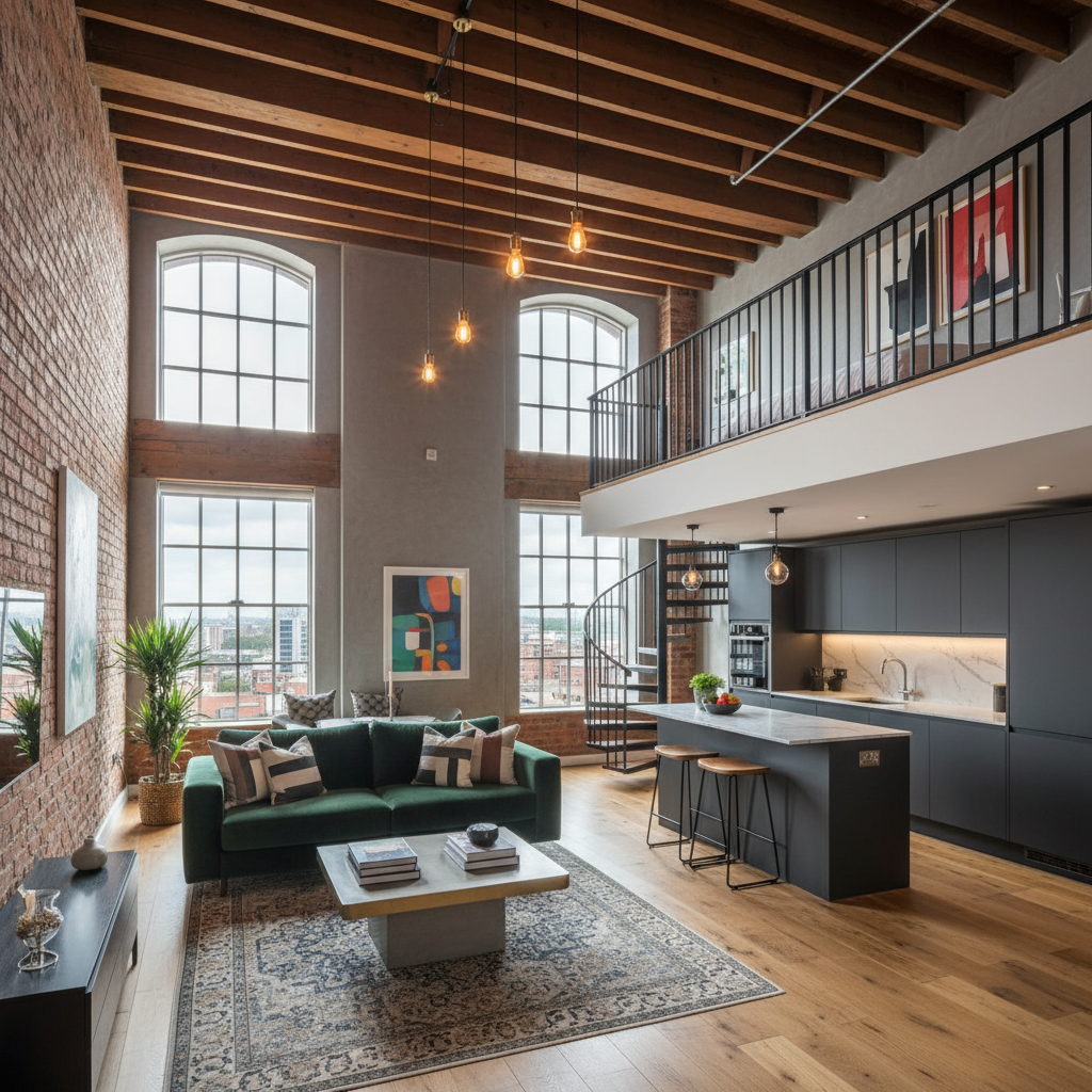 Stylish two-bedroom loft apartment at Sherborne Lofts Birmingham Edgbaston with exposed brick and high ceilings