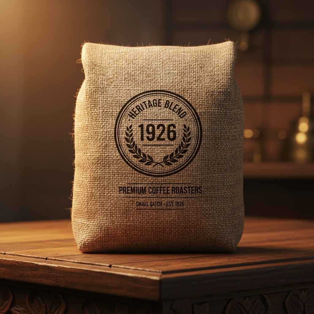 Artisan coffee bags and brewing equipment on dark wood surface, warm moody cafe lighting, deep browns