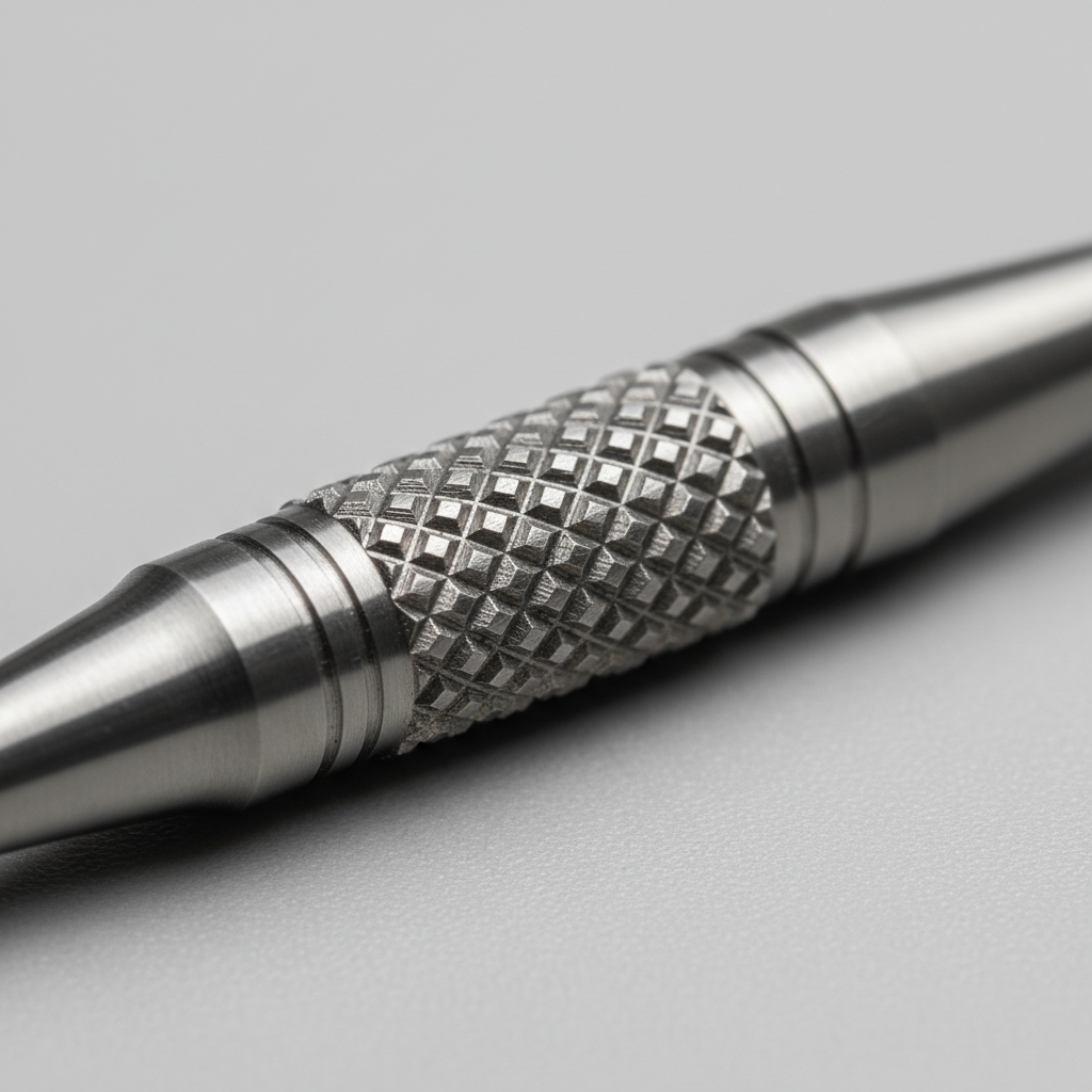 Close-up macro shot of precision-machined tungsten dart barrel showing individual knurl cuts and machining rings under stage lighting