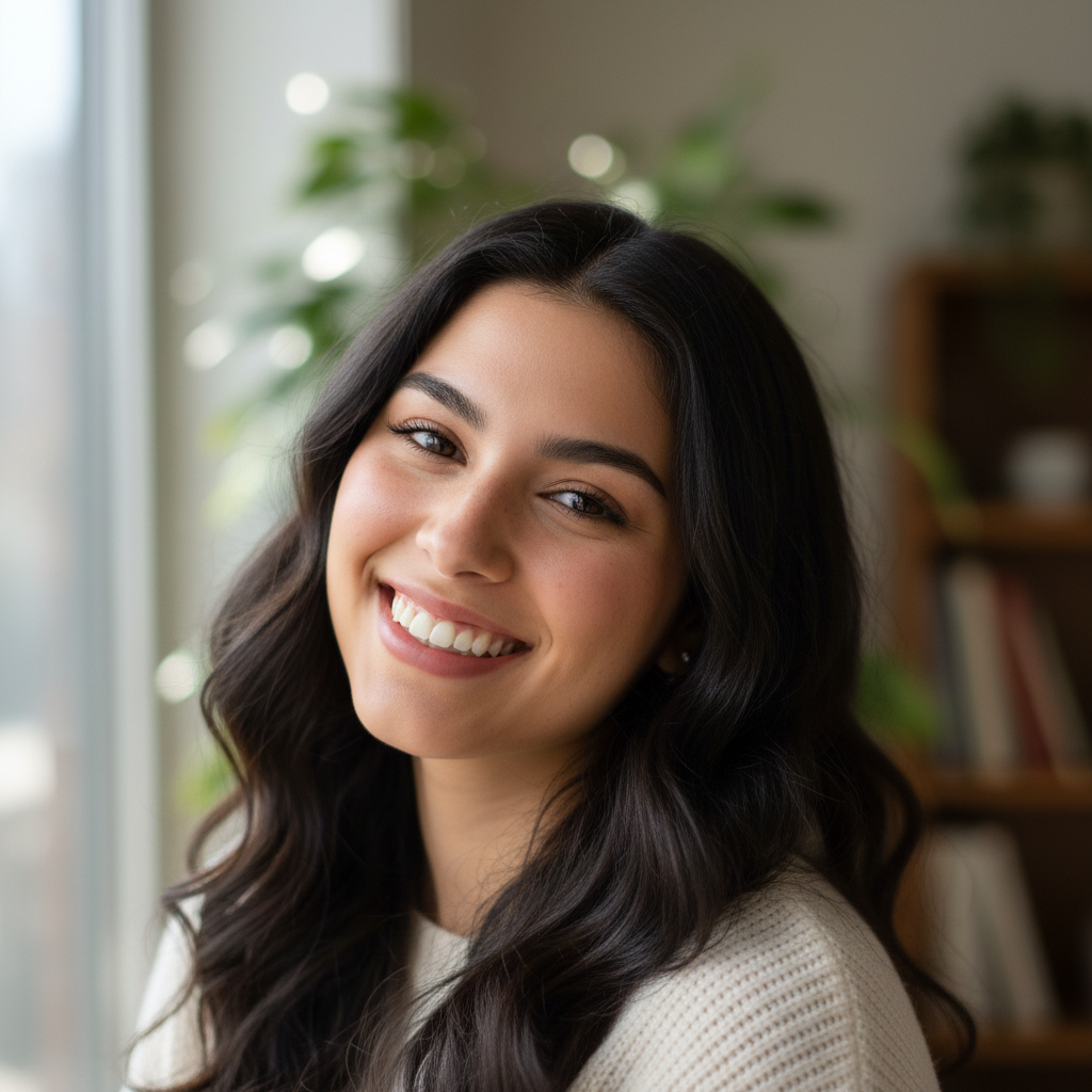 Mia Chen, food blogger with dark hair smiling warmly