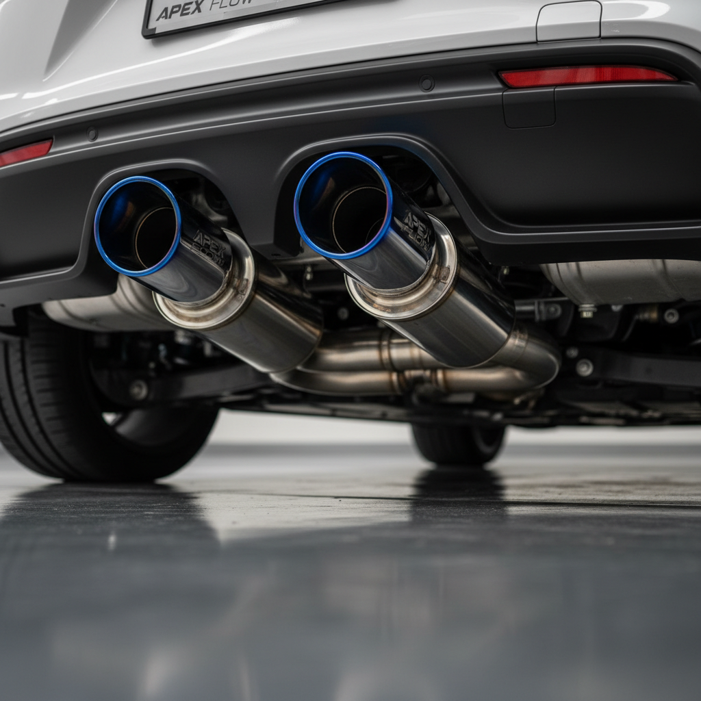 High-performance sports car with custom modifications and upgraded exhaust system in modern workshop