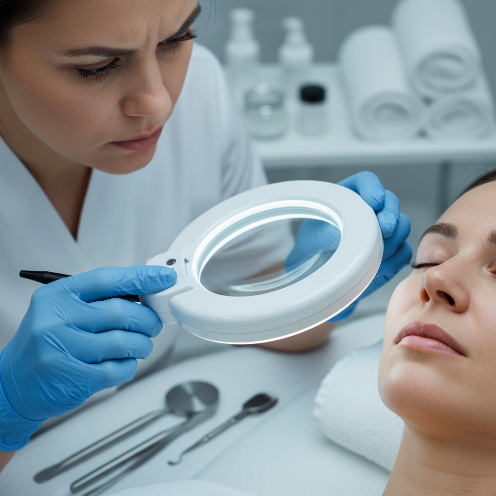 Spa consultation, warm lighting, professional esthetician reviewing skin tones