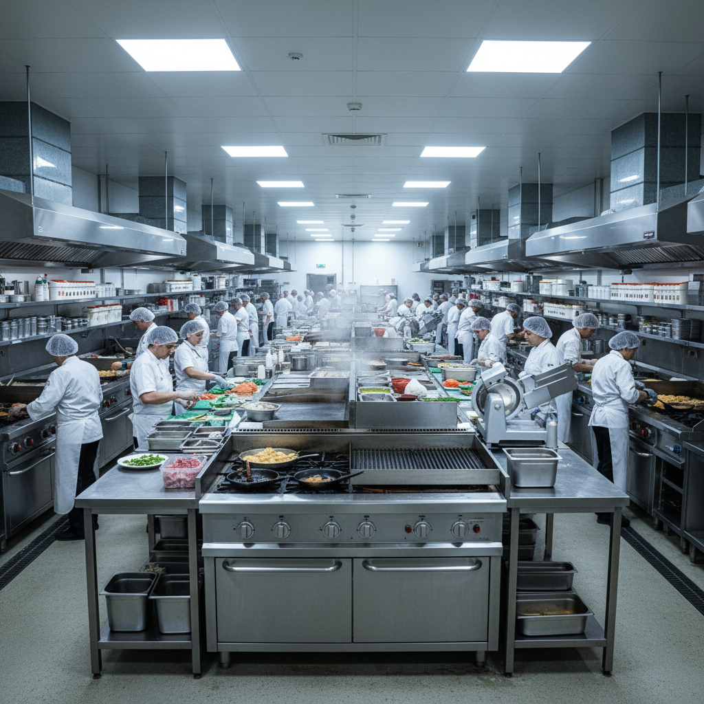 Large centralised kitchen with industrial cooking equipment and workers preparing food in bulk
