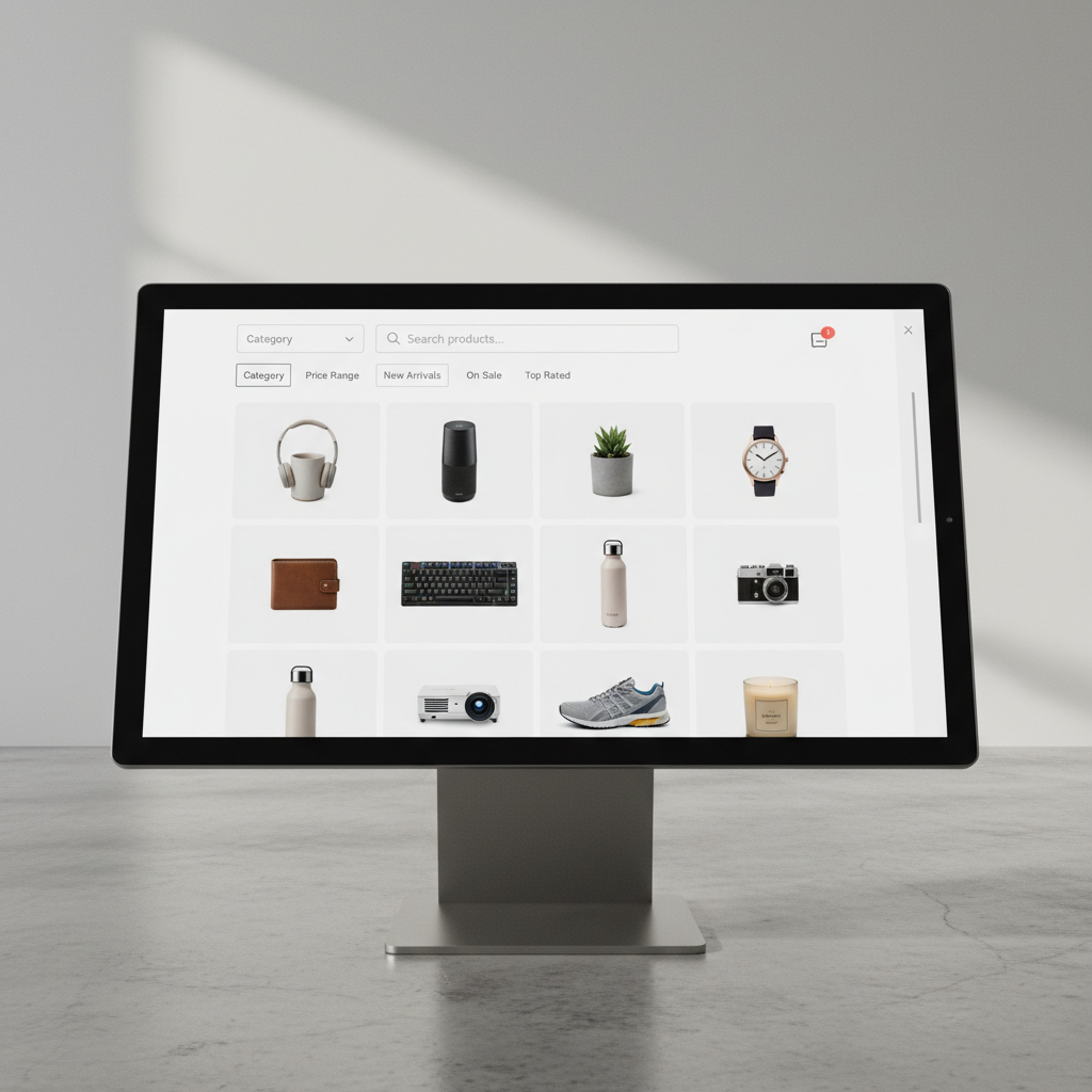 Modern e-commerce shopping interface showing product catalog with shopping cart and payment options