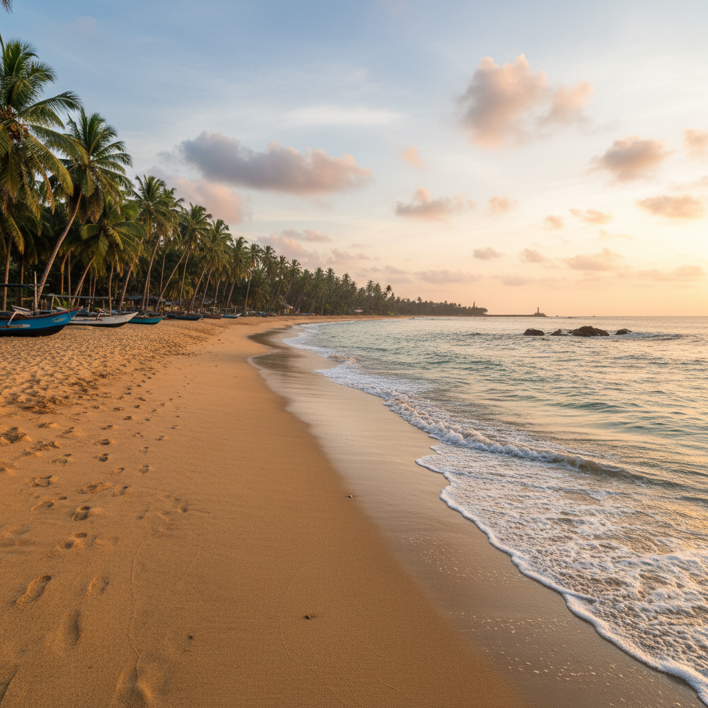 Goa beach with golden sand palm trees and turquoise Arabian Sea waves at sunset