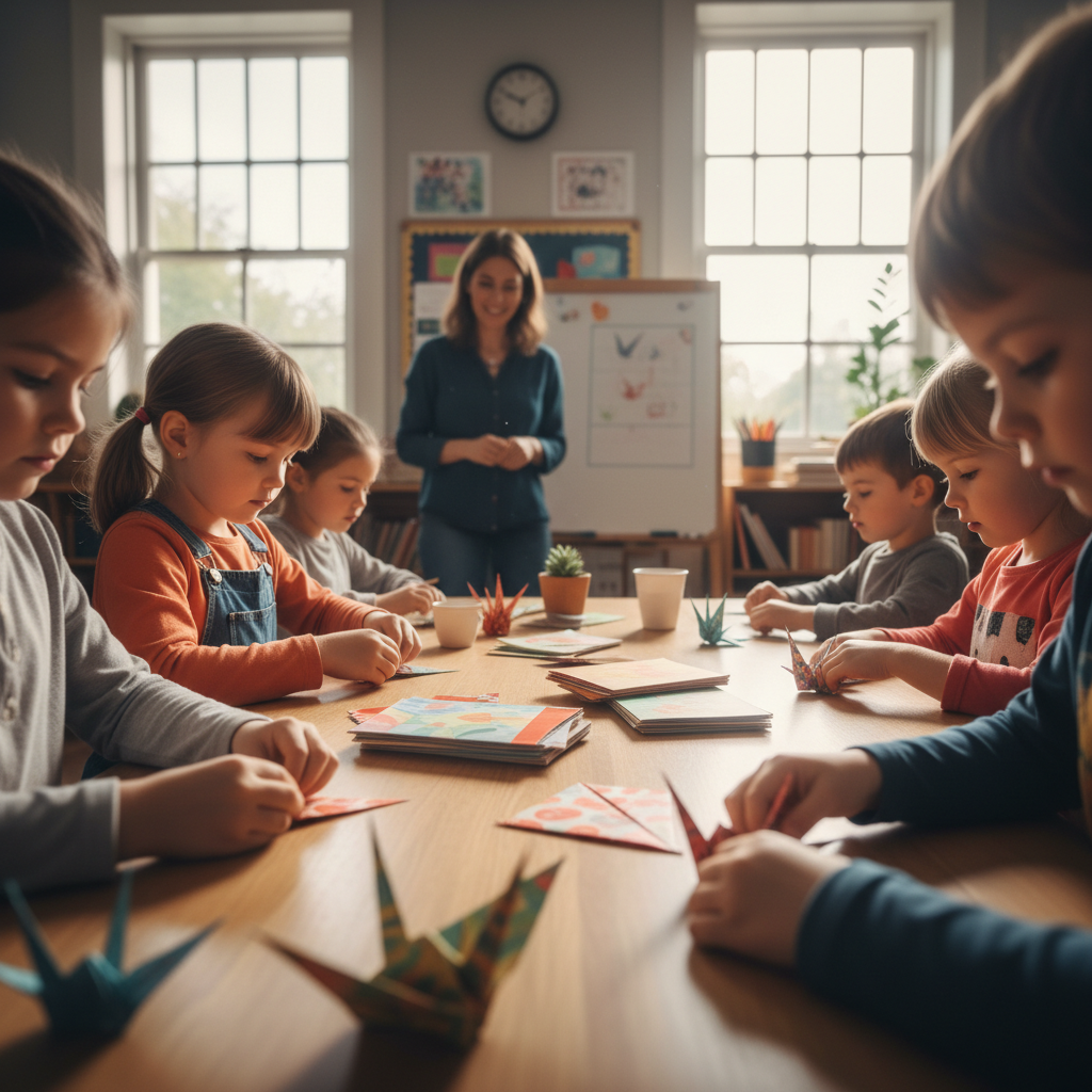 Classroom of children folding origami cranes with teacher in background