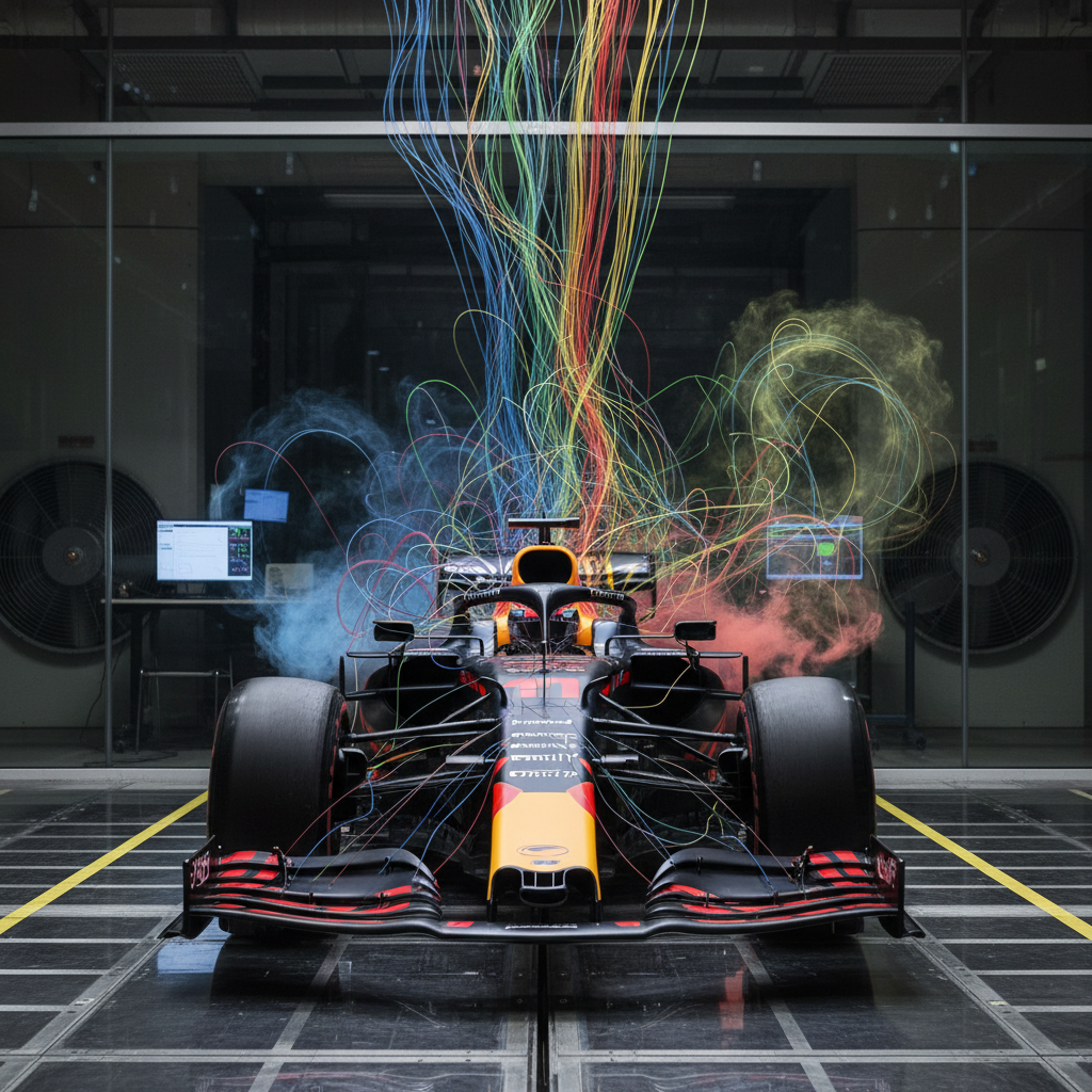 Formula 1 car aerodynamics CFD visualization wind tunnel testing downforce simulation