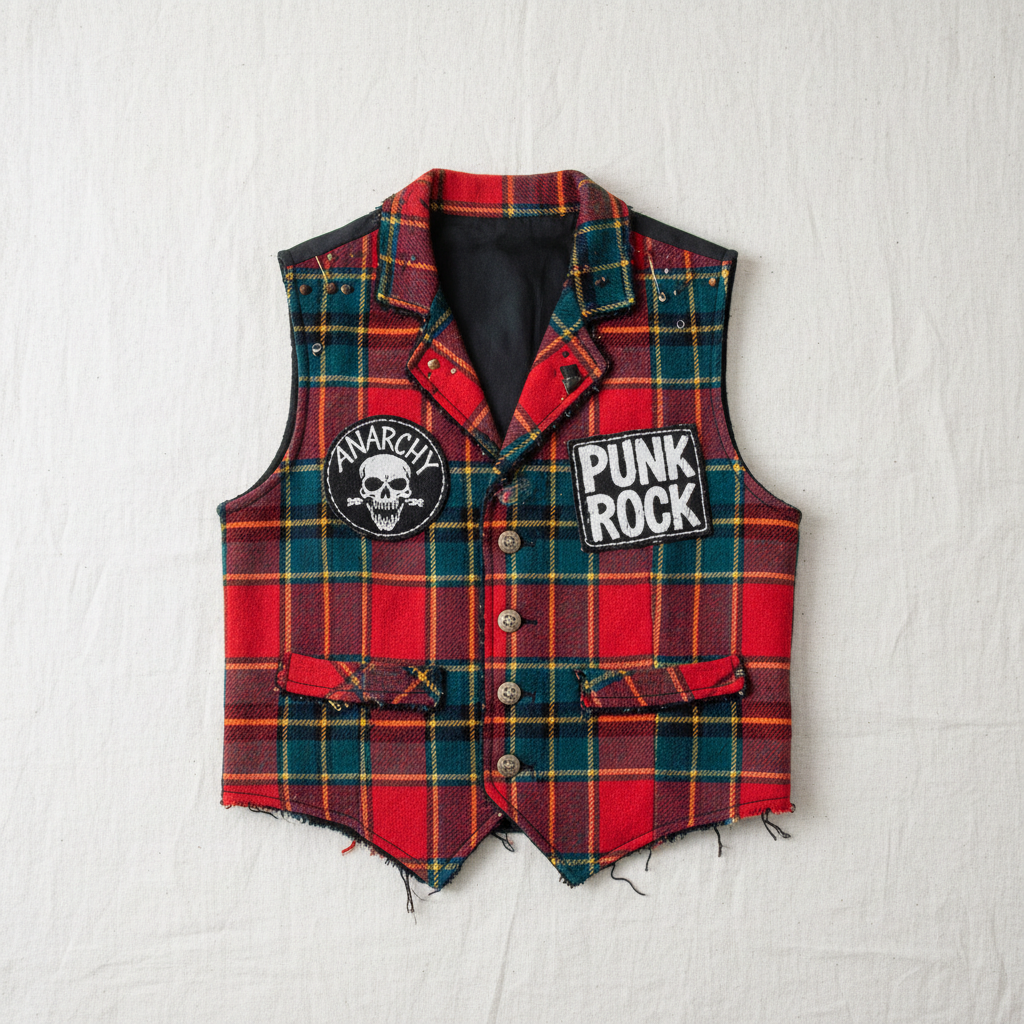 Handmade punk waistcoat constructed from 1979 deadstock tartan